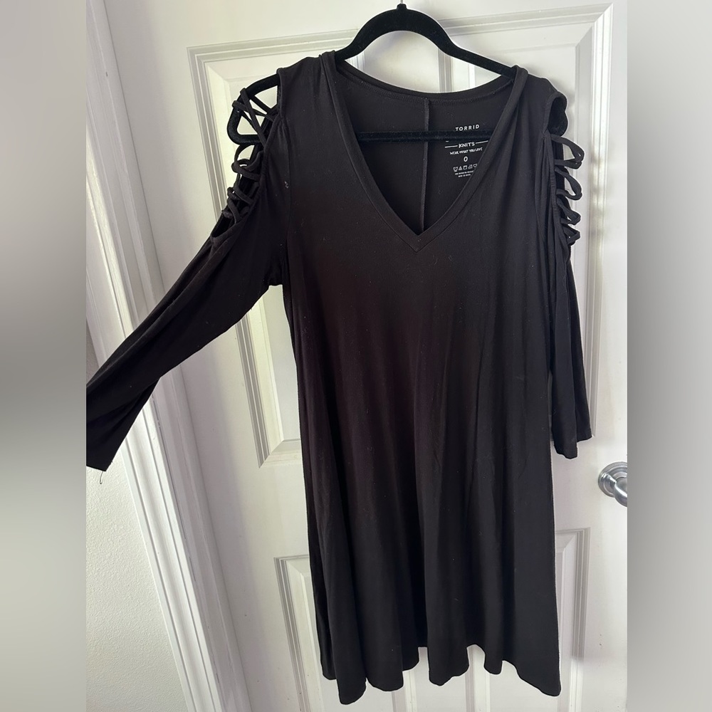 Torrid size 0 black shift dress with shoulder lattice detail